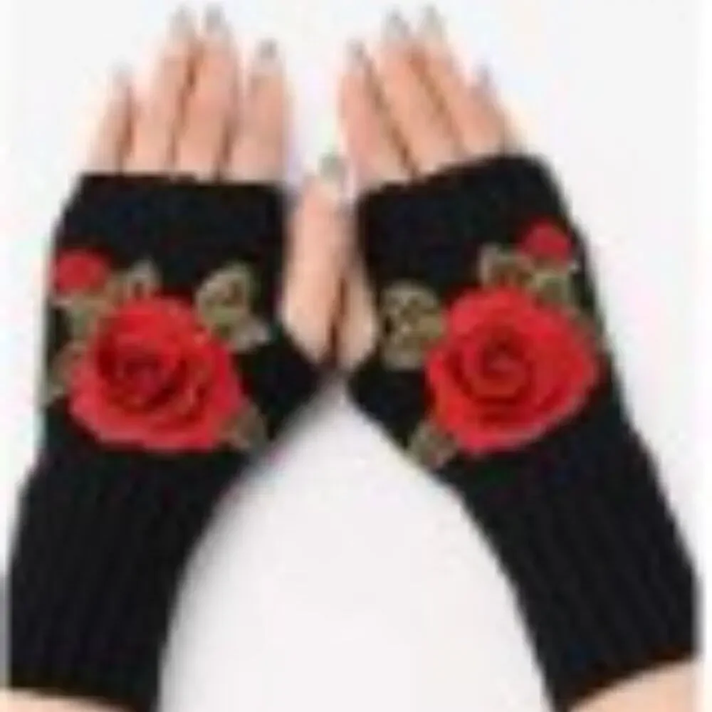 Black Knit Gloves with Red Rose Embroidery Detail Fingerlesss One Size